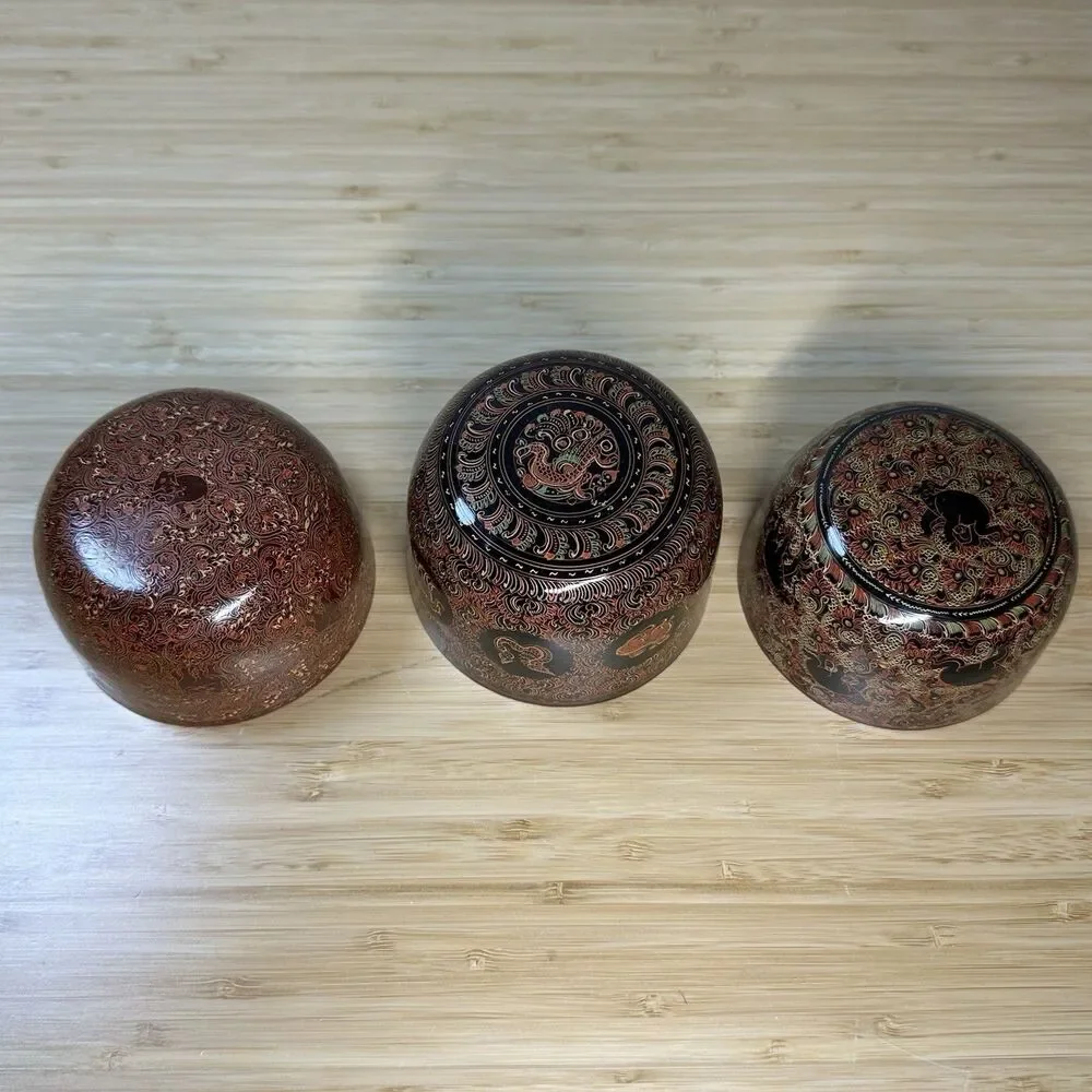 Vintage Burmese Lacquerware Bowls Cups 3- Pieces Burma Horsehair Bamboo Handmade